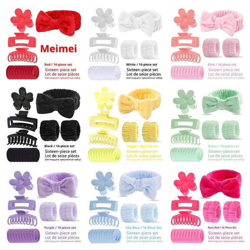 16 bow-shaped plaid washing face hair bands in multiple colours with a wrist strap on a white background