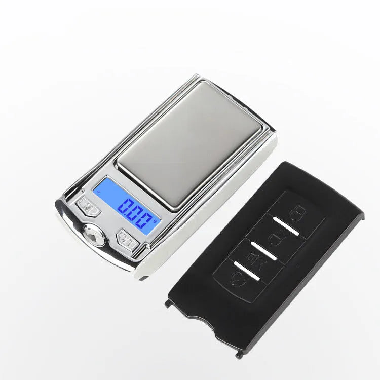 Portable mini digital pocket scale with LCD display, 100g capacity, 0.01g precision, compact grey casing