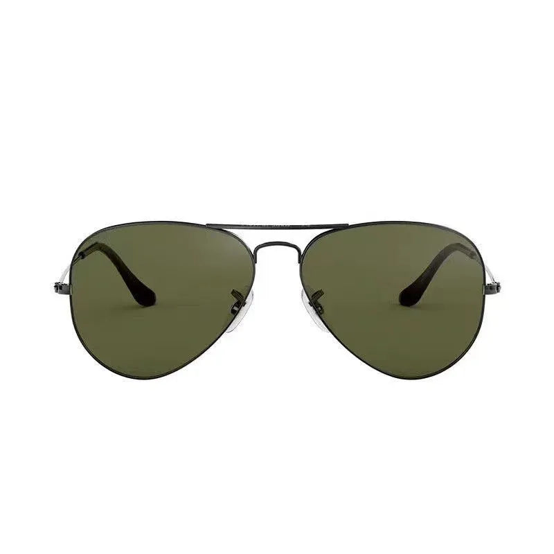 Tempered glass sunglasses with UV protection in gold, silver, and black frame options with dark green and blue lenses.