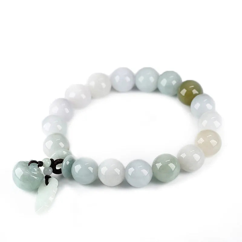 Natural green jade bracelet with geometric pendant featuring Maitreya Buddha design for women.