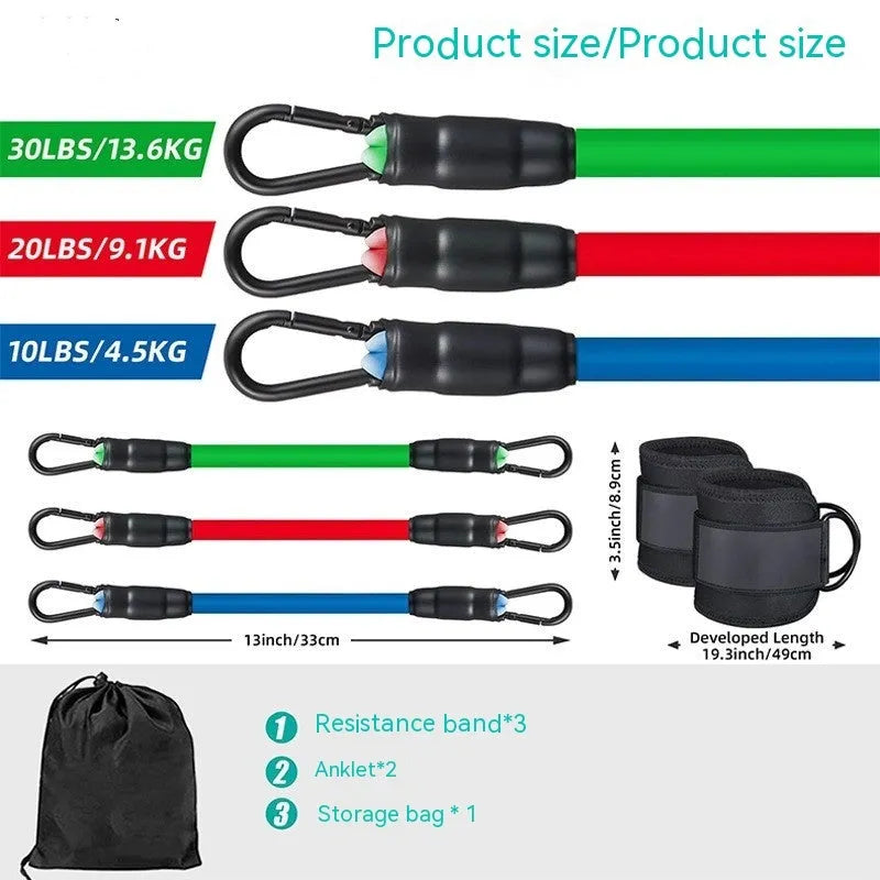 TPE resistance band set with three tension levels and ankle loops for fitness training