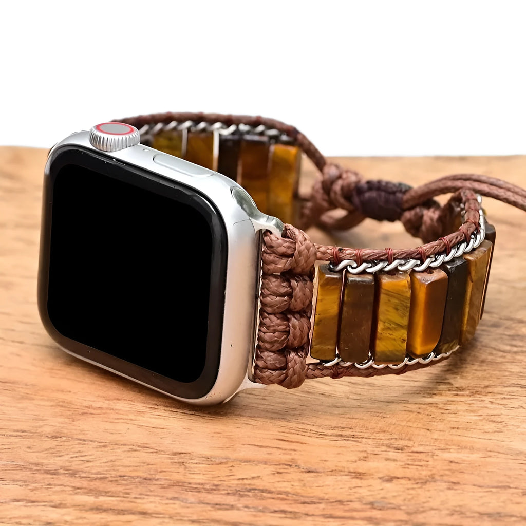 Men's rectangular tiger eye stone chain watch strap bracelet with adjustable textile band