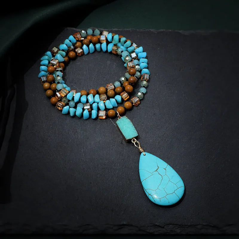 Turquoise blue water drop pendant necklace with mixed gem inlay on ball bead chain