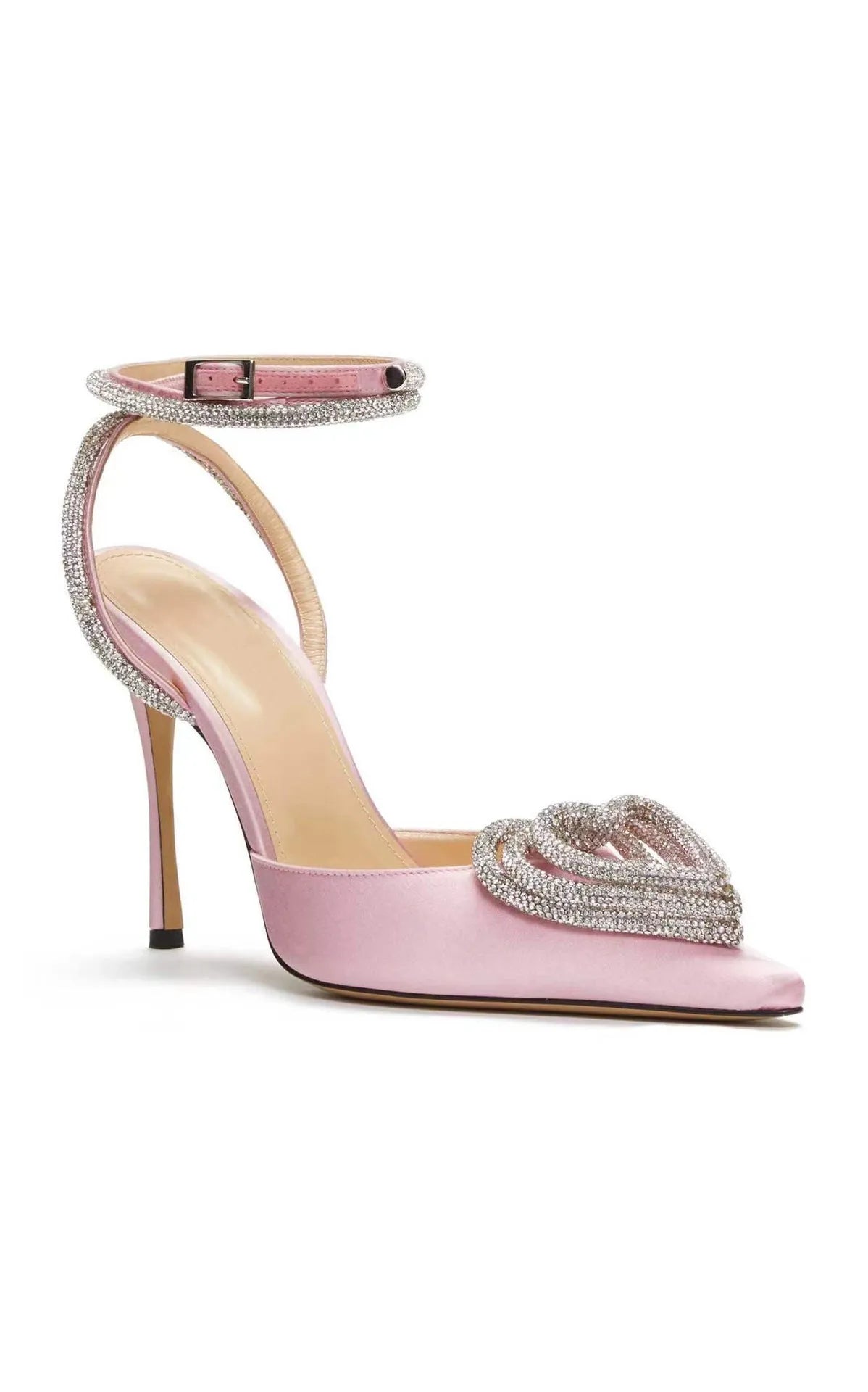 Women's pink satin sandal with heart-shaped rhinestone detail and pointed toe holder on a rubber sole.