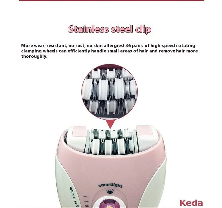 KEDA-216 coloured portable electric epilator with USB charger and cleaning brush on white background