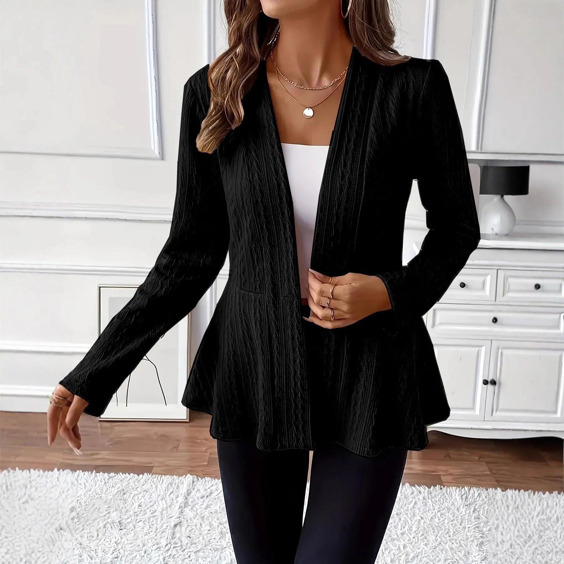 Women's apricot jacquard patterned knitted cardigan with one-button fastening