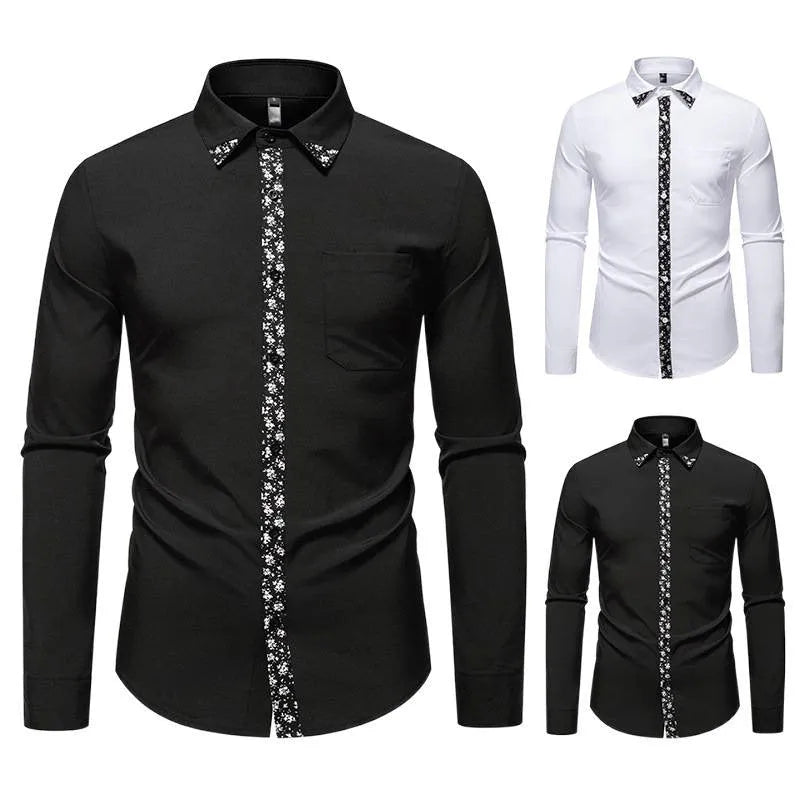 Men's white and black polyester cardigan shirt, long sleeve slim fit, sizes S to 2XL