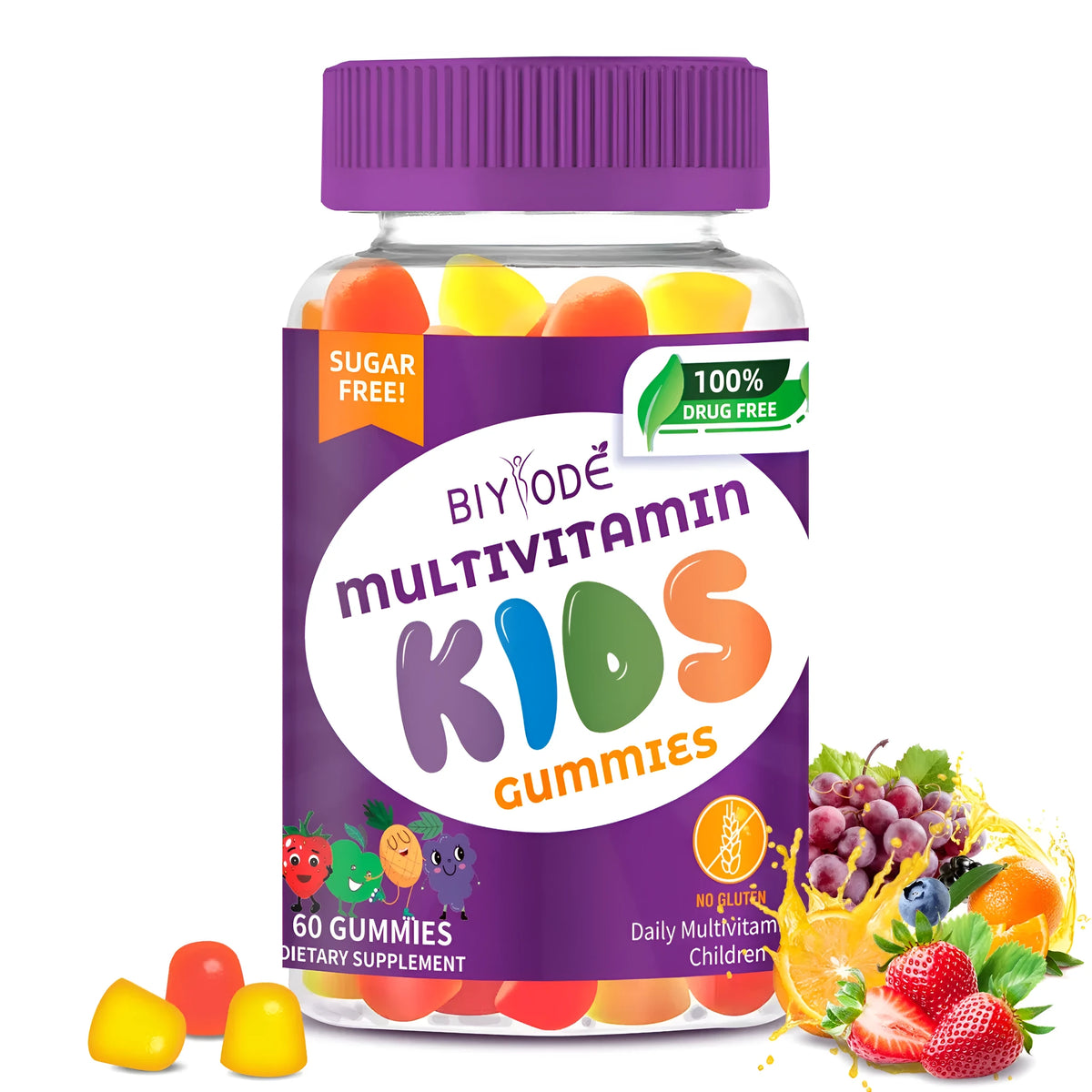 Bottle of 60 kids multivitamin gummies with multivitamin label for children's growth support private label