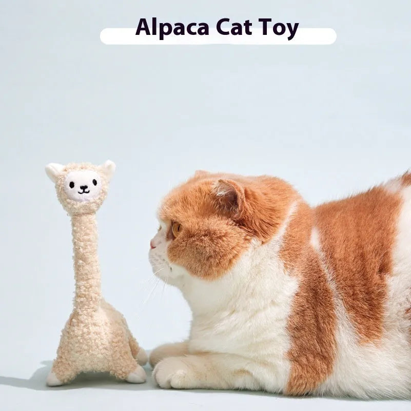 Plush alpaca cat teaser toy with teasing stick in Magic Animal Alpaca design for indoor cat play