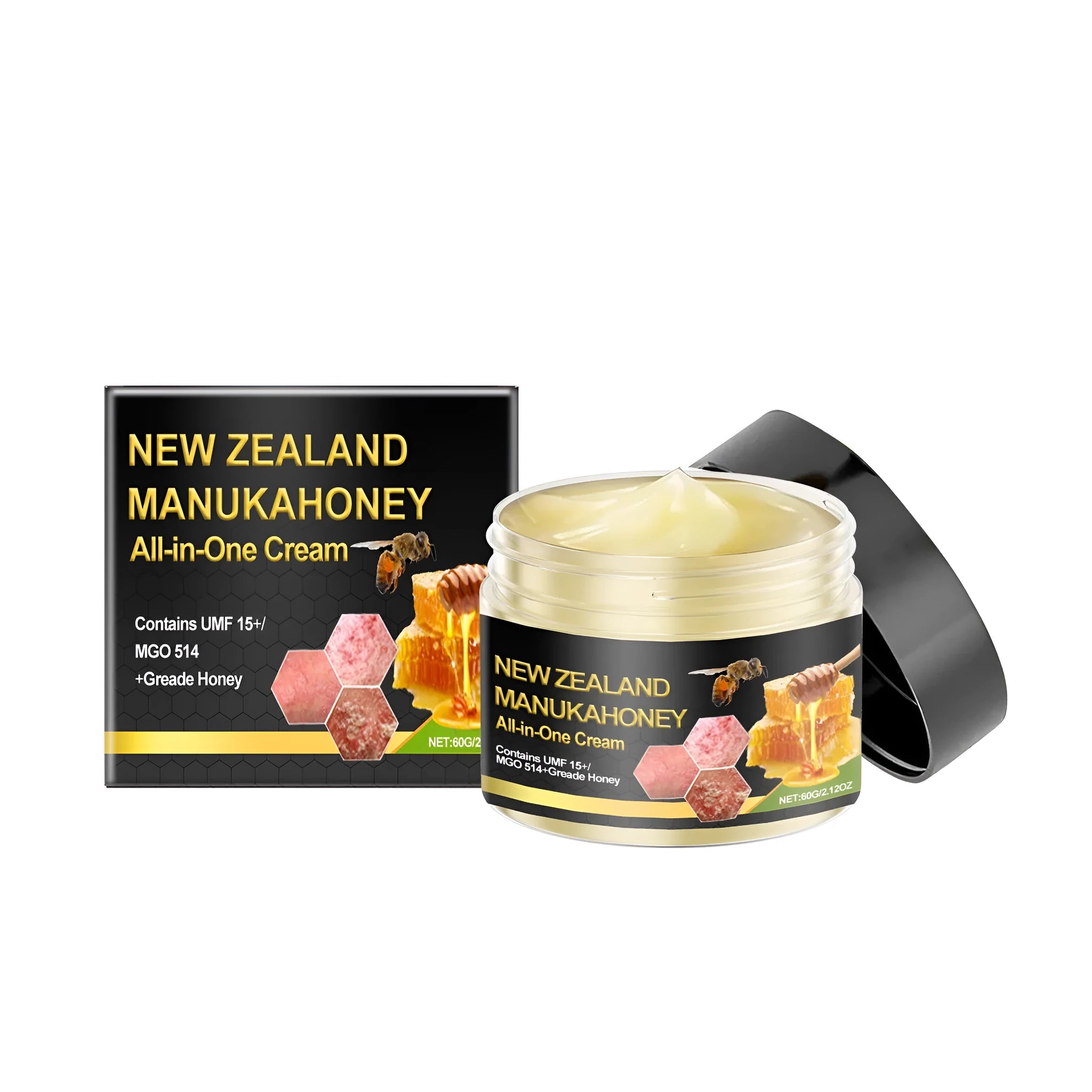 50g jar of skin cream containing bee venom, honey, mint leaves, and madecassoside.