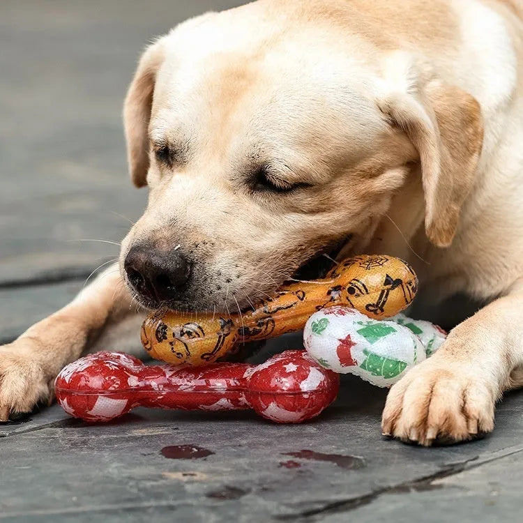 TPR bone-shaped chew toy with printed details in seasonal colours, produces nibbling sound when chewed