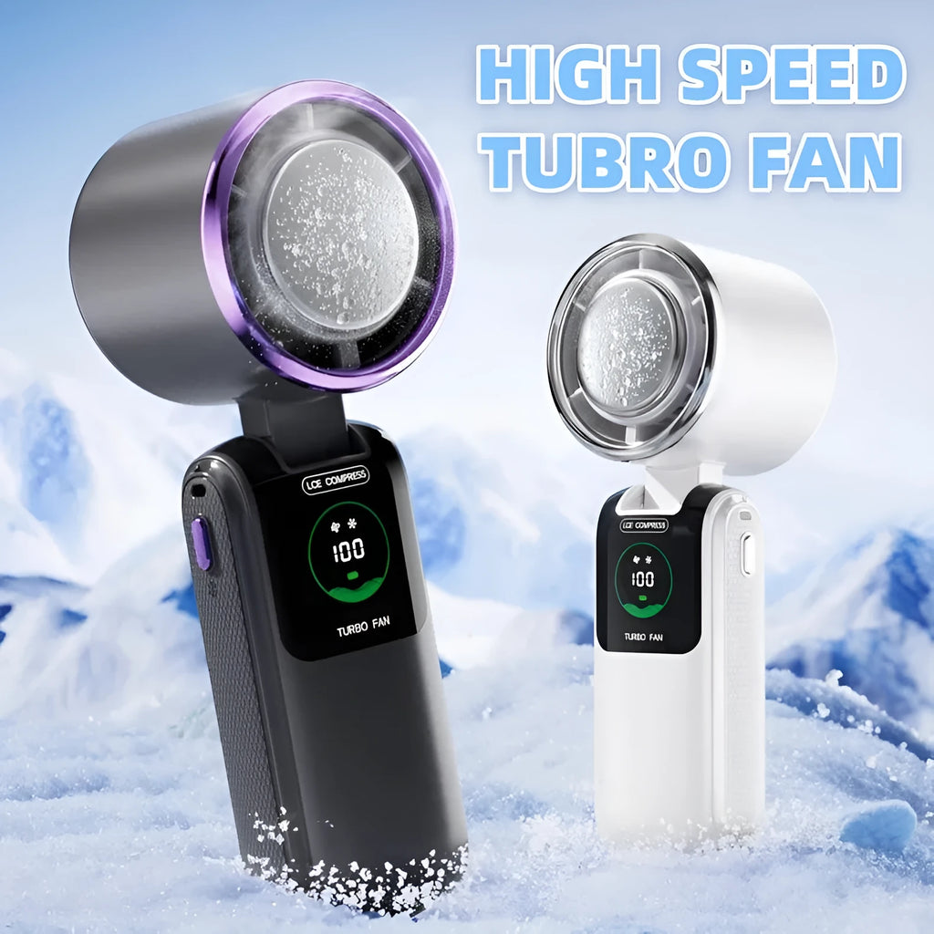 Handheld electric fan with folding design in blue colour showing USB charging port and speed adjustment buttons