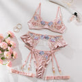 Light purple satin lingerie four-piece set with embroidery, shown with champagne colour option.
