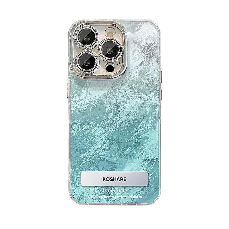 Ice blue and silver gradient hard PC iPhone case with chain and invisible bracket options