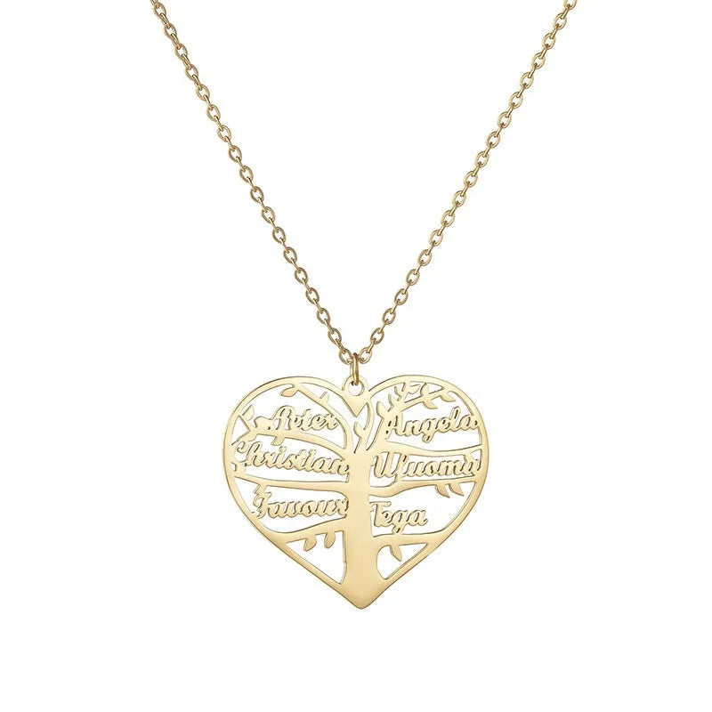Custom name necklace with hollow heart and tree of life pendant in silver, gold, or rose gold finish.