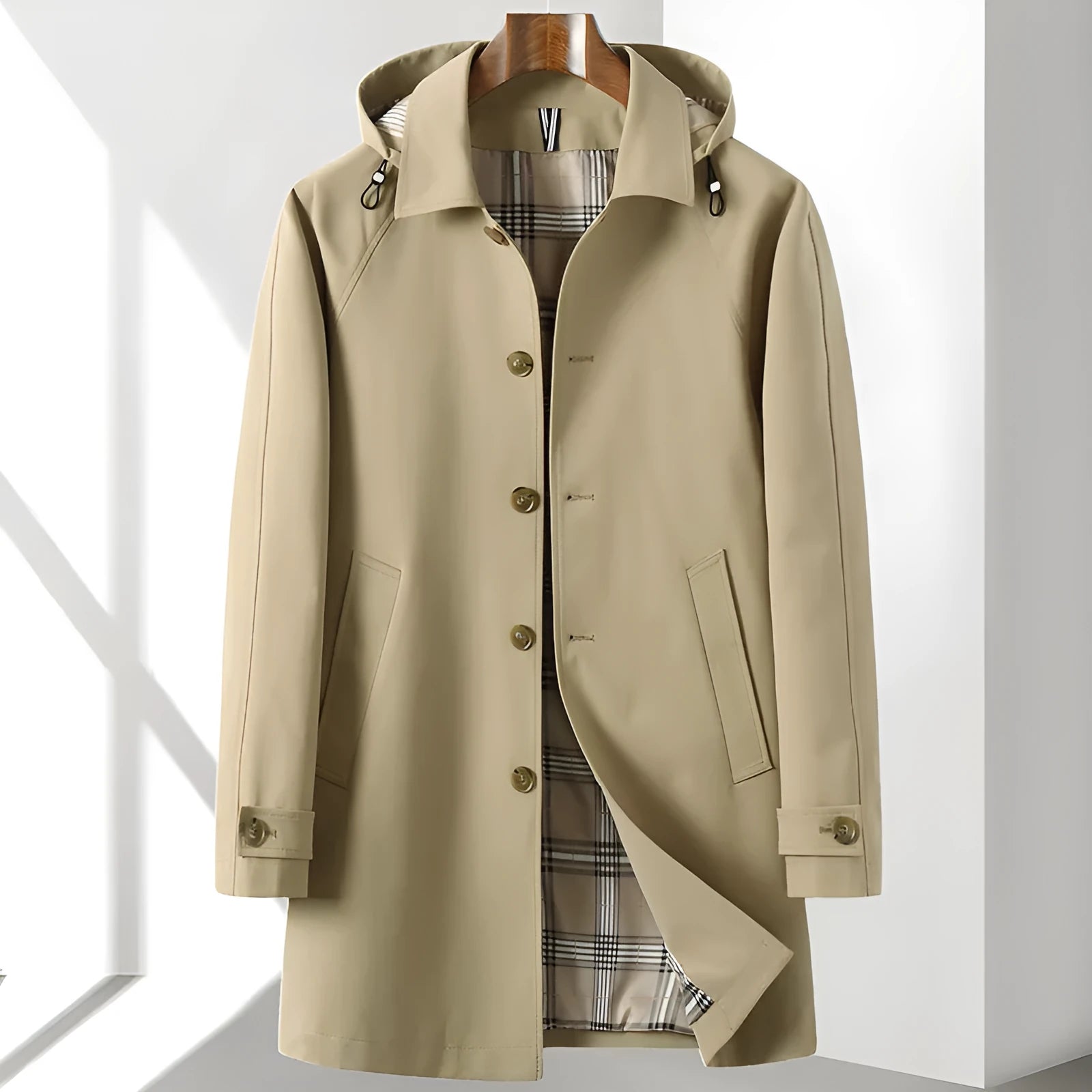 Men's trench coat detachable hat solid colour side seam pocket khaki polyester blend