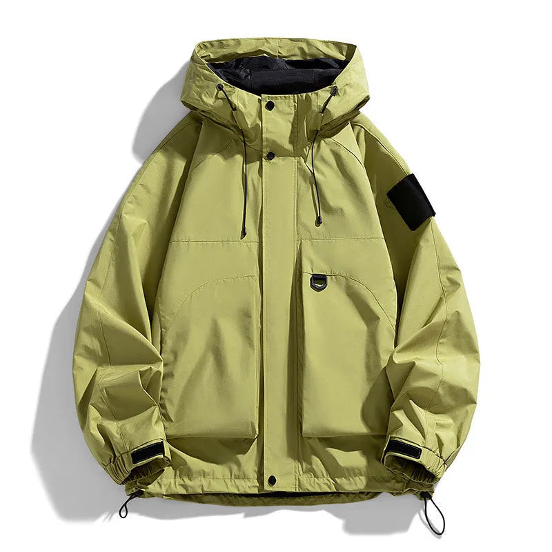 Men's hooded waterproof windproof jacket in black, ginger yellow, or purple, available in multiple sizes.
