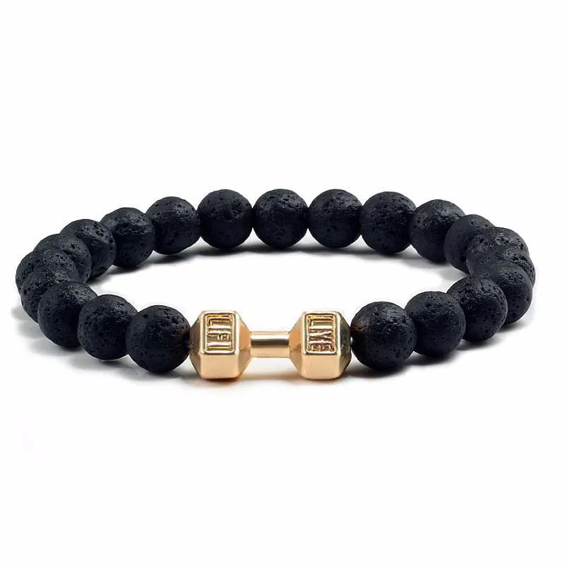 Natural volcanic stone beads bracelet black lava unisex electroplated black matte gold dumbbell detail