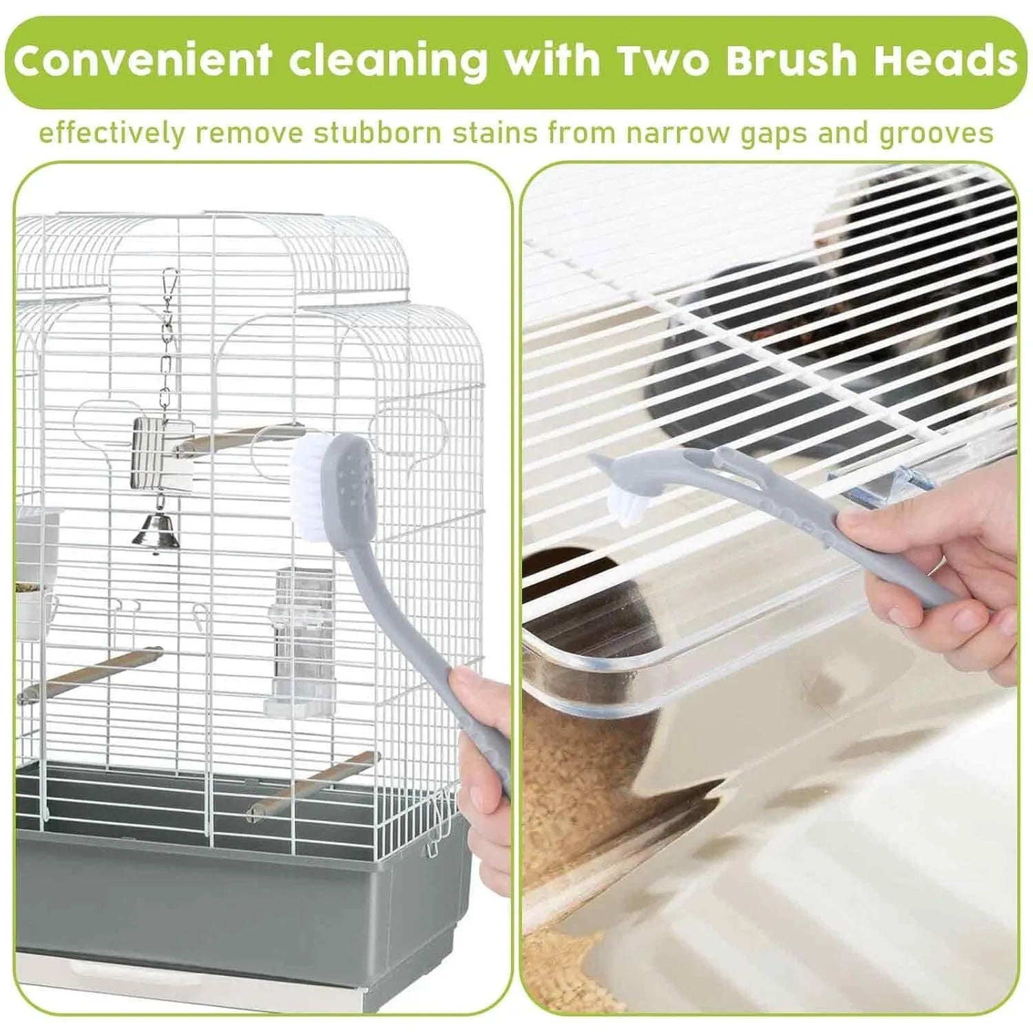 Bird cage cleaner with two plastic brush heads on a long handle in beige, blue, and green colours