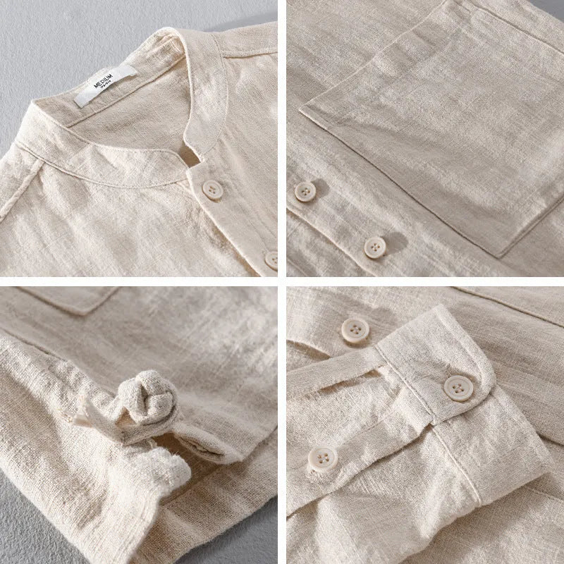 Men's retro stand collar Chinese knot button shirt coat in khaki loose fit cardigan
