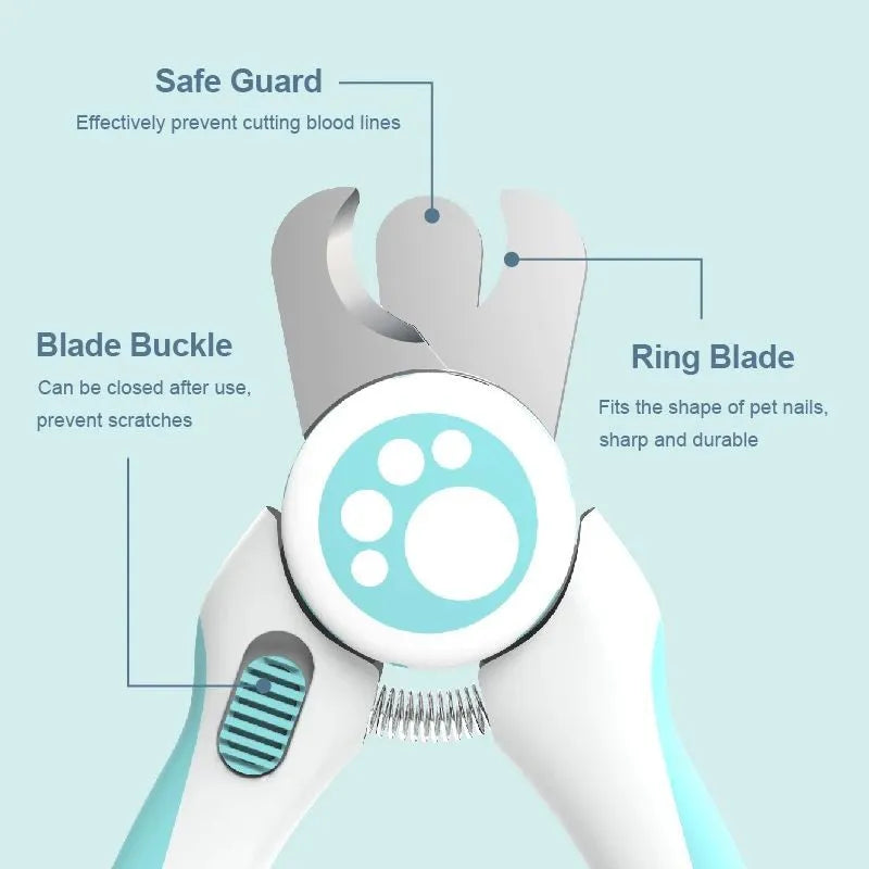 Blue and white professional pet nail clipper for dogs and cats with a safety lock and stainless steel blade