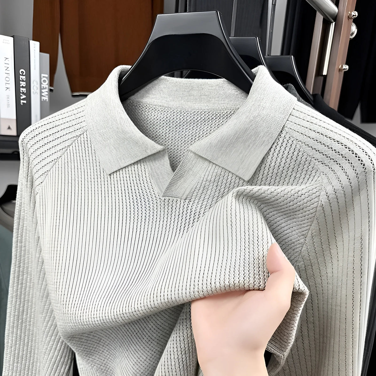 Men's spring autumn cotton scissors collar pullover shirt in black, loose fit, casual style