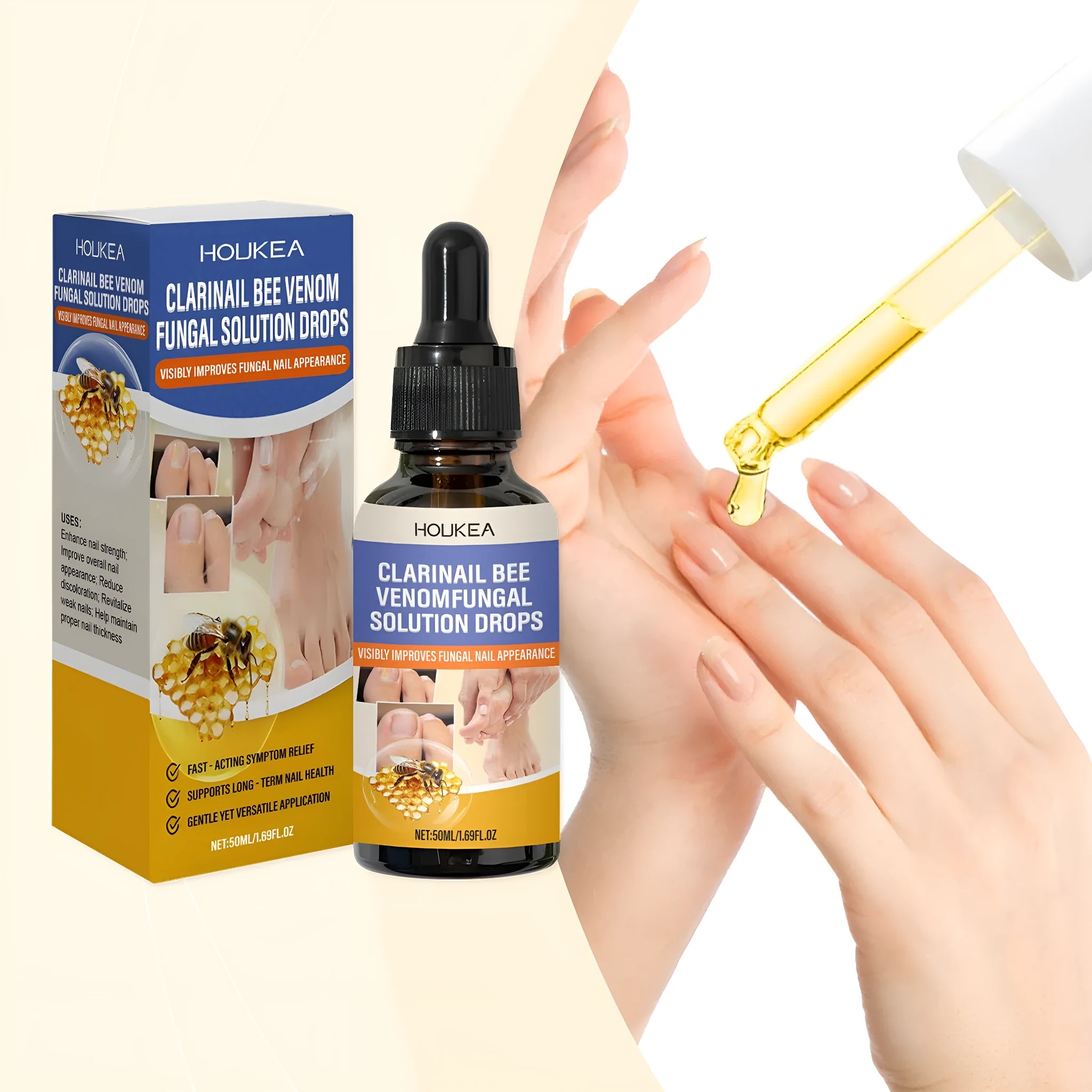 50ml bottle of nail care solution with bee venom and peppermint oil for fungal nail treatment