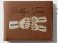 Brown personalised leather wallet with letter print, contrast stitching, and slim 10.5cm profile