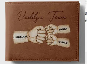 Brown personalised leather wallet with letter print, contrast stitching, and slim 10.5cm profile