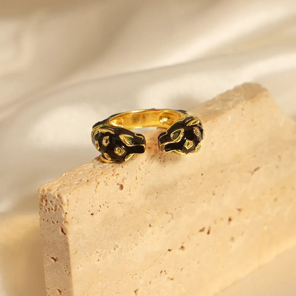 Black cheetah pattern geometric open ring for women, size 7 copper jewellery