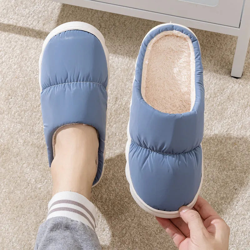 Down cotton slippers with rubber soles and artificial leather uppers in multiple colours