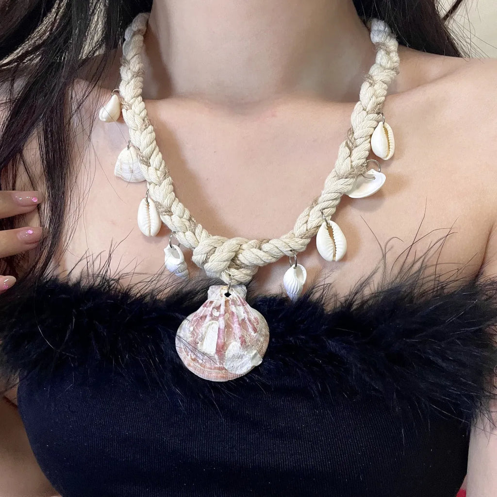 Fashionable casual shell pendant braided rope necklace for women, adjustable 51-60cm, electroplated finish, main image style