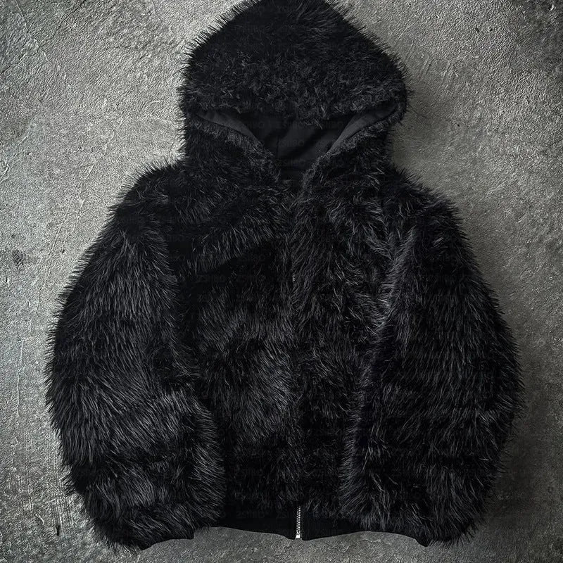 Casual baggy polyester coat in black, shown with an open cardigan style and long sleeves.