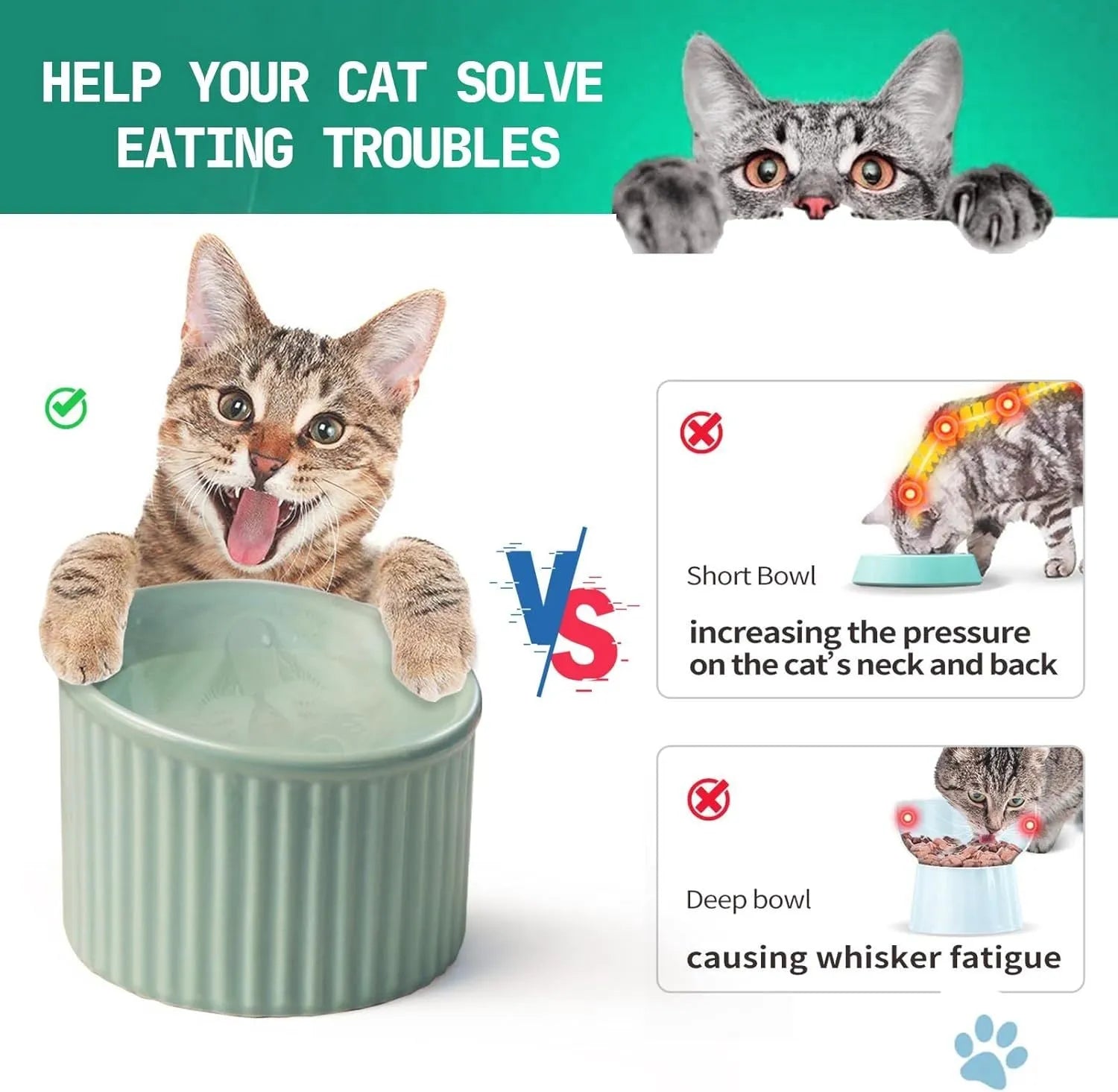 Dark green ceramic elevated cat bowl with tilted design on a raised platform.
