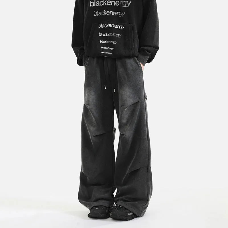 Men's cotton wide leg sweatpants with pleated front in black and gray, elastic waist casual trousers