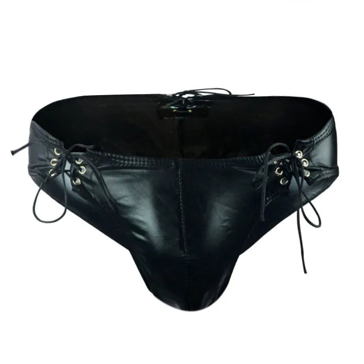 Men's black imitation leather string briefs laid flat showing stretch waist and sleek finish