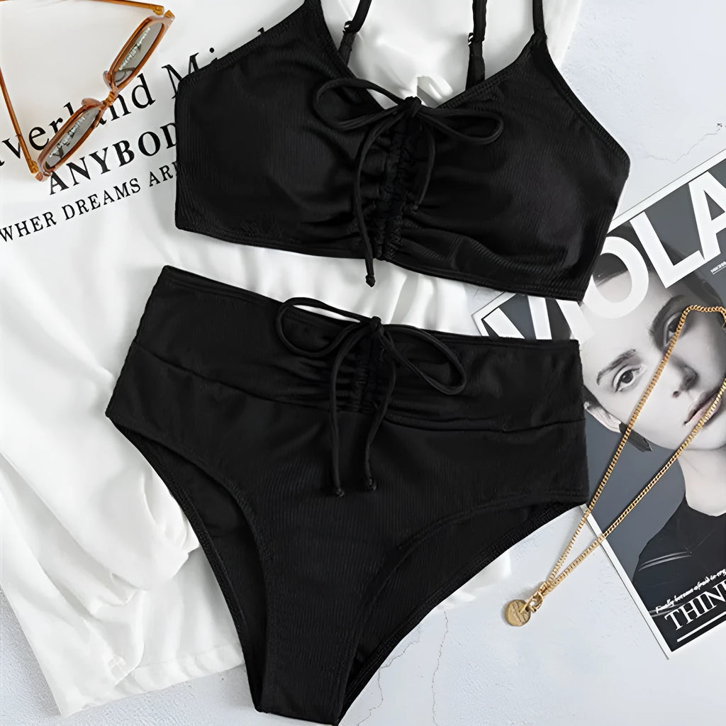 Black women's high waist bikini swimsuit with sling split design and sleeveless cut