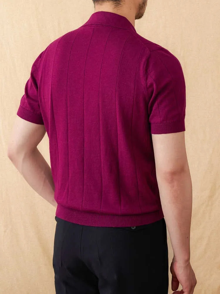 Men's short sleeve polo shirt in cotton-linen blend with sunken stripe texture and seagull collar