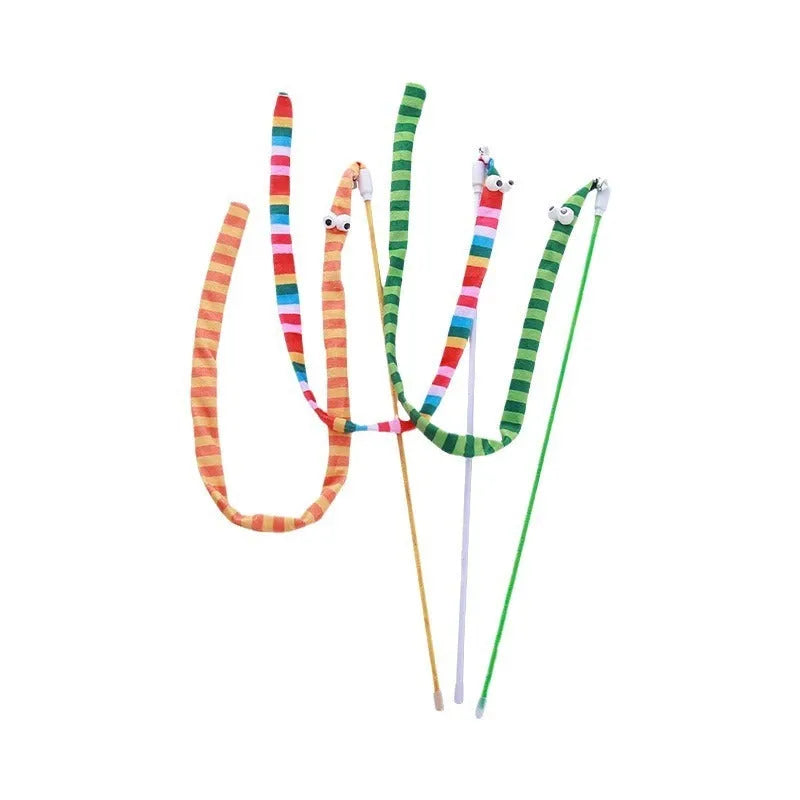 Cat wand teaser toy with a polycarbonate handle and a long green plush strip with a bell.