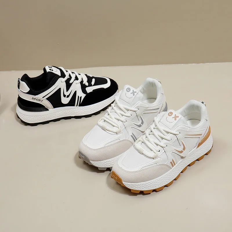 Women's solid colour platform casual shoes with lace-up front and round toe in black, grey, or khaki.