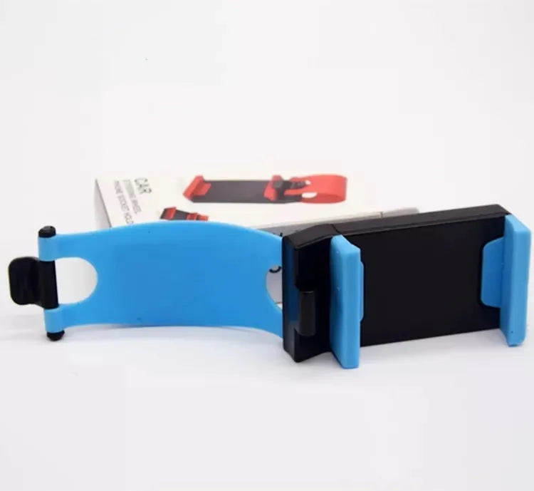 Black universal car steering wheel mobile phone holder made of ABS plastic shown mounted on a steering wheel.