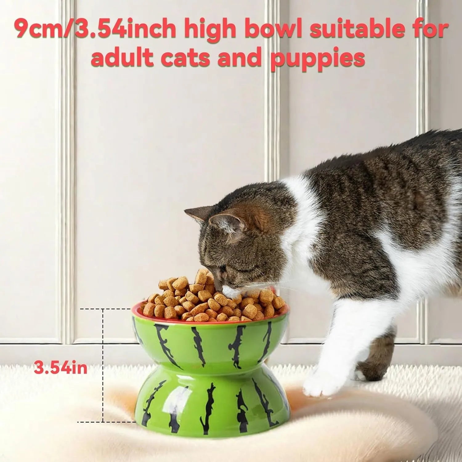 Ceramic elevated cat bowl with tilted wide dish in orange pattern for reduced vomiting feeding
