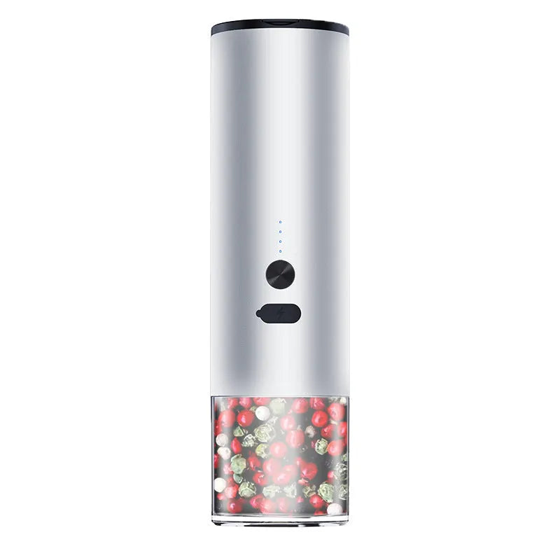 White and black electric salt and pepper grinders with USB charging ports and clear glass jars