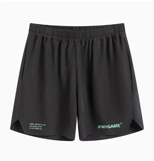 Men's navy blue training shorts with moisture-wicking fabric on a grey background.