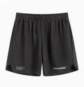 Men's navy blue training shorts with moisture-wicking fabric on a grey background.