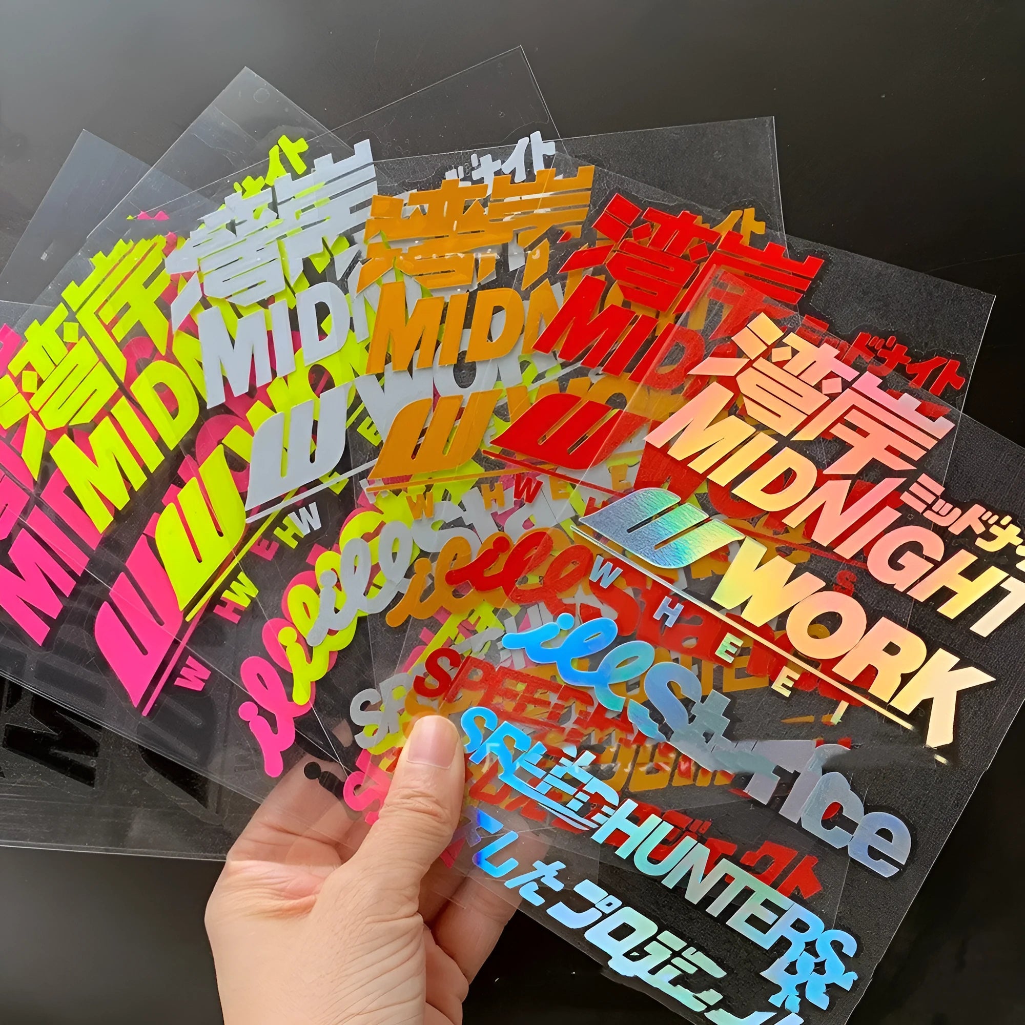 Motorcycle reflective safety sticker measuring 16cm by 11cm in PET material with seven colour options