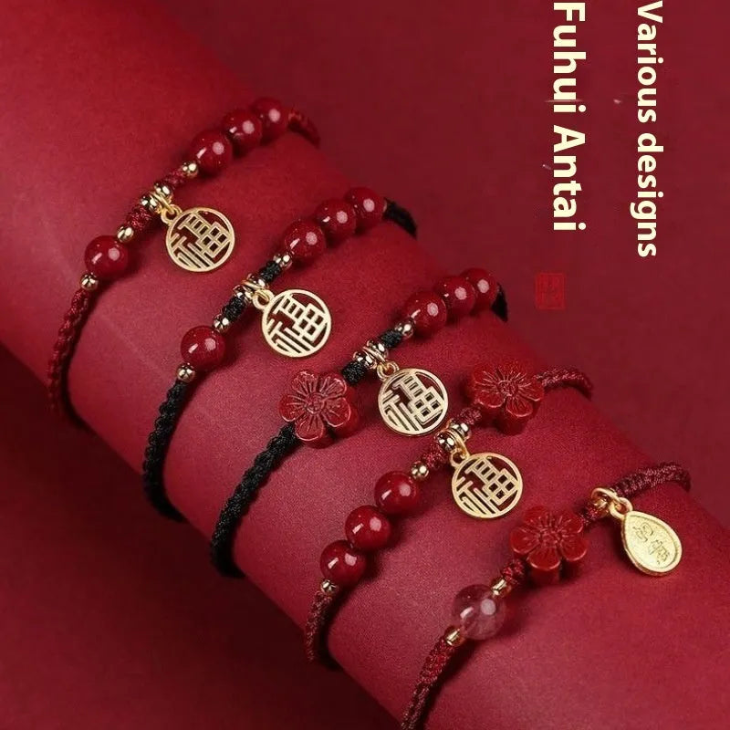 Cinnabar braided rope bracelet with traditional blessing card in ethnic style for unisex wear