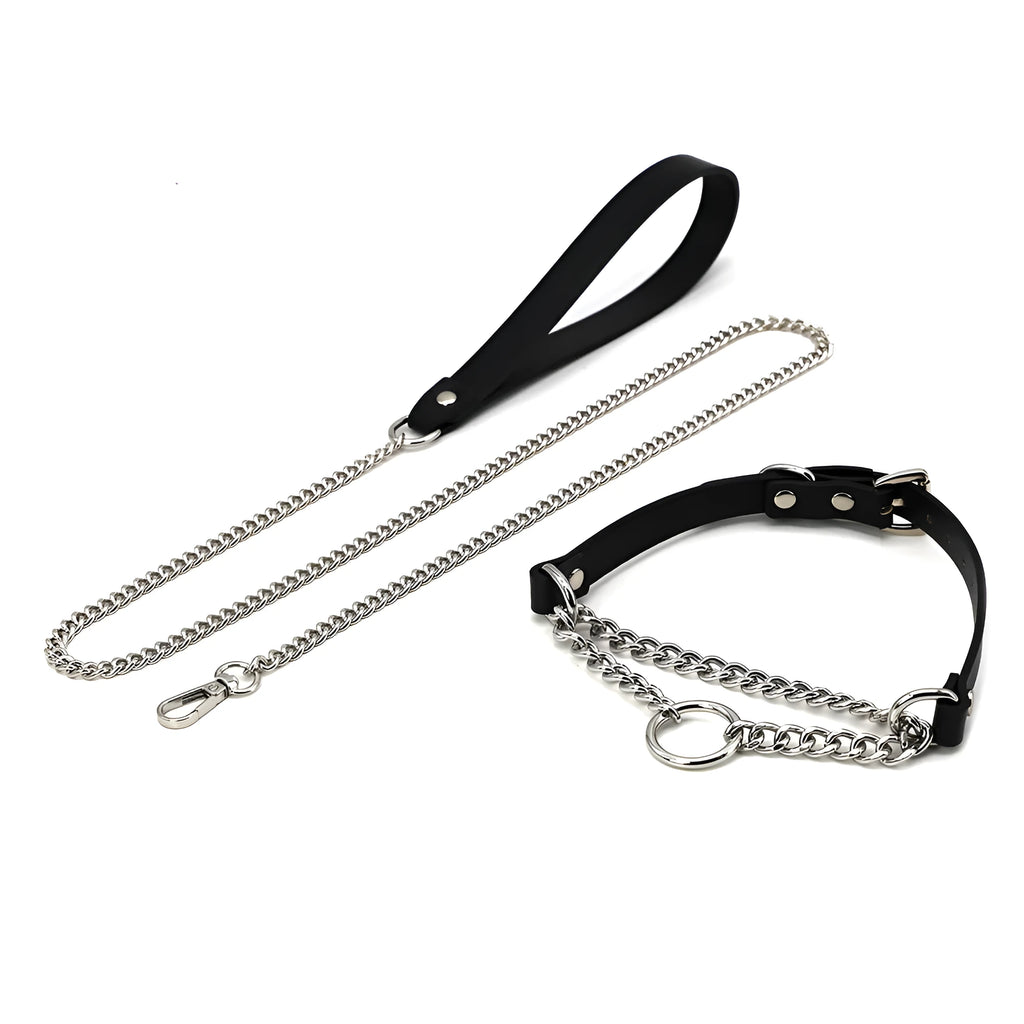 Black leather collar and hand grip rope leash punk accessory set