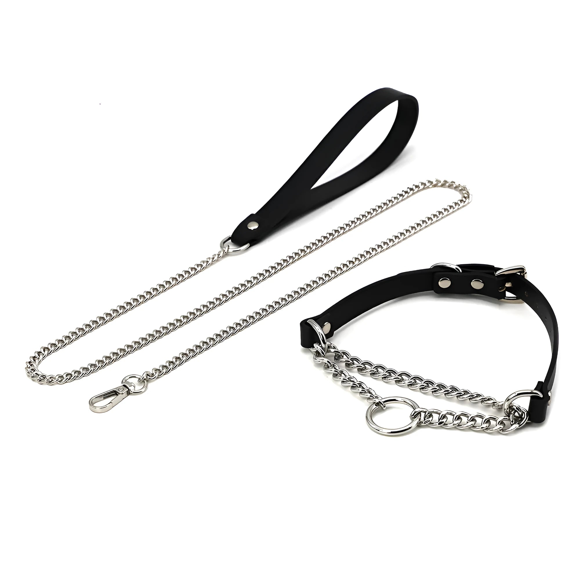 Black leather collar and hand grip rope leash punk accessory set