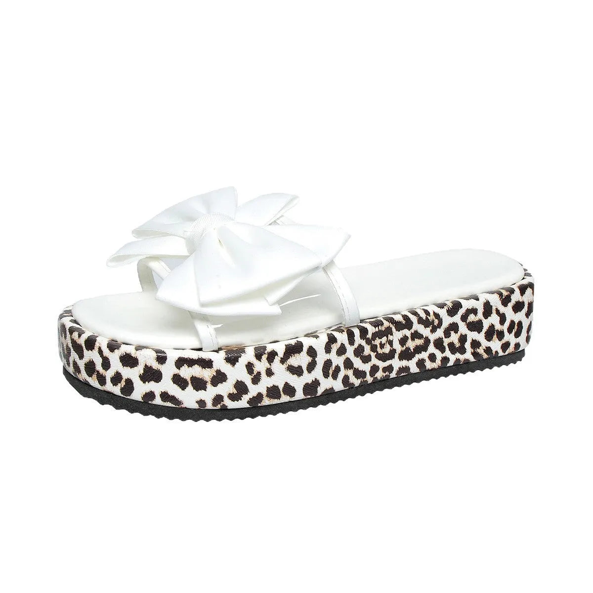 Women's leopard print beach slippers with thick sole in black PU leather